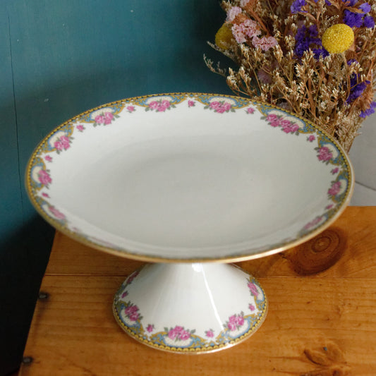 LIMOGES France French Antique Fine Porcelain Footed Cake Fruit Bowl Plate Compotier Rose Gold Garland Gilding