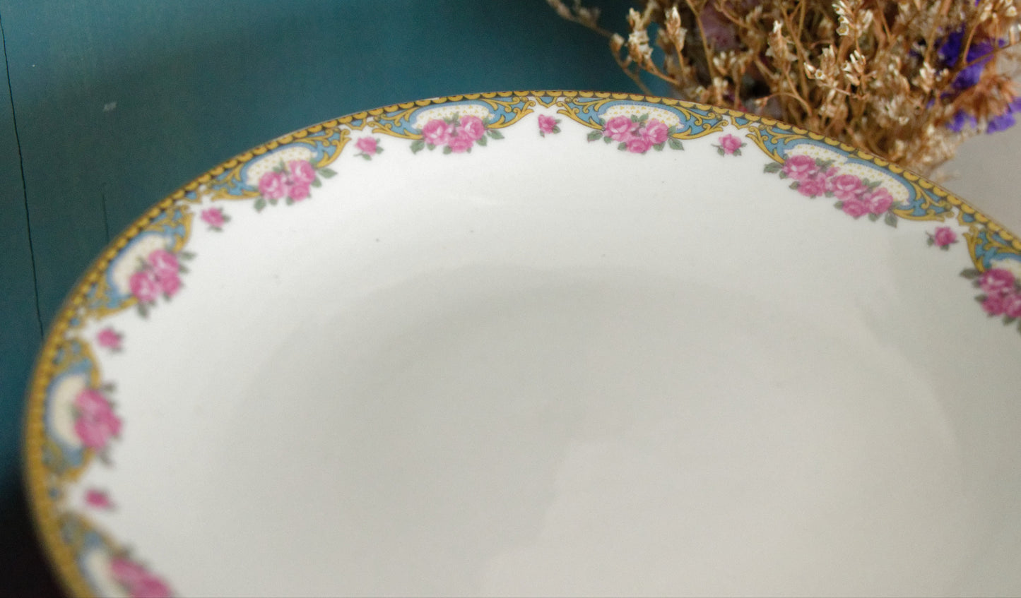 LIMOGES France French Antique Fine Porcelain Footed Cake Fruit Bowl Plate Compotier Rose Gold Garland Gilding