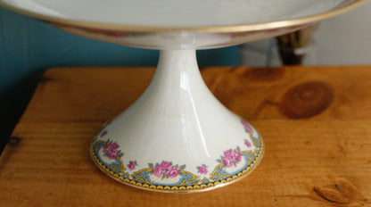 LIMOGES France French Antique Fine Porcelain Footed Cake Fruit Bowl Plate Compotier Rose Gold Garland Gilding