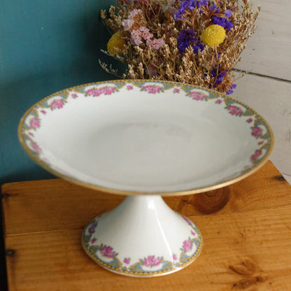 LIMOGES France French Antique Fine Porcelain Footed Cake Fruit Bowl Plate Compotier Rose Gold Garland Gilding
