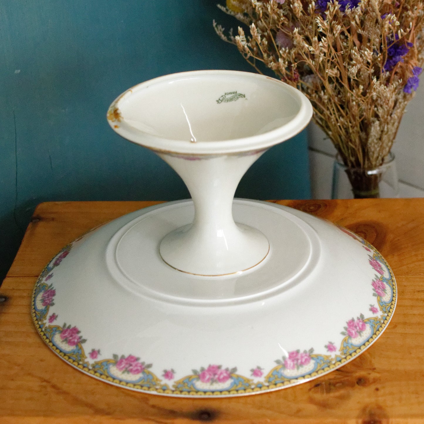 LIMOGES France French Antique Fine Porcelain Footed Cake Fruit Bowl Plate Compotier Rose Gold Garland Gilding