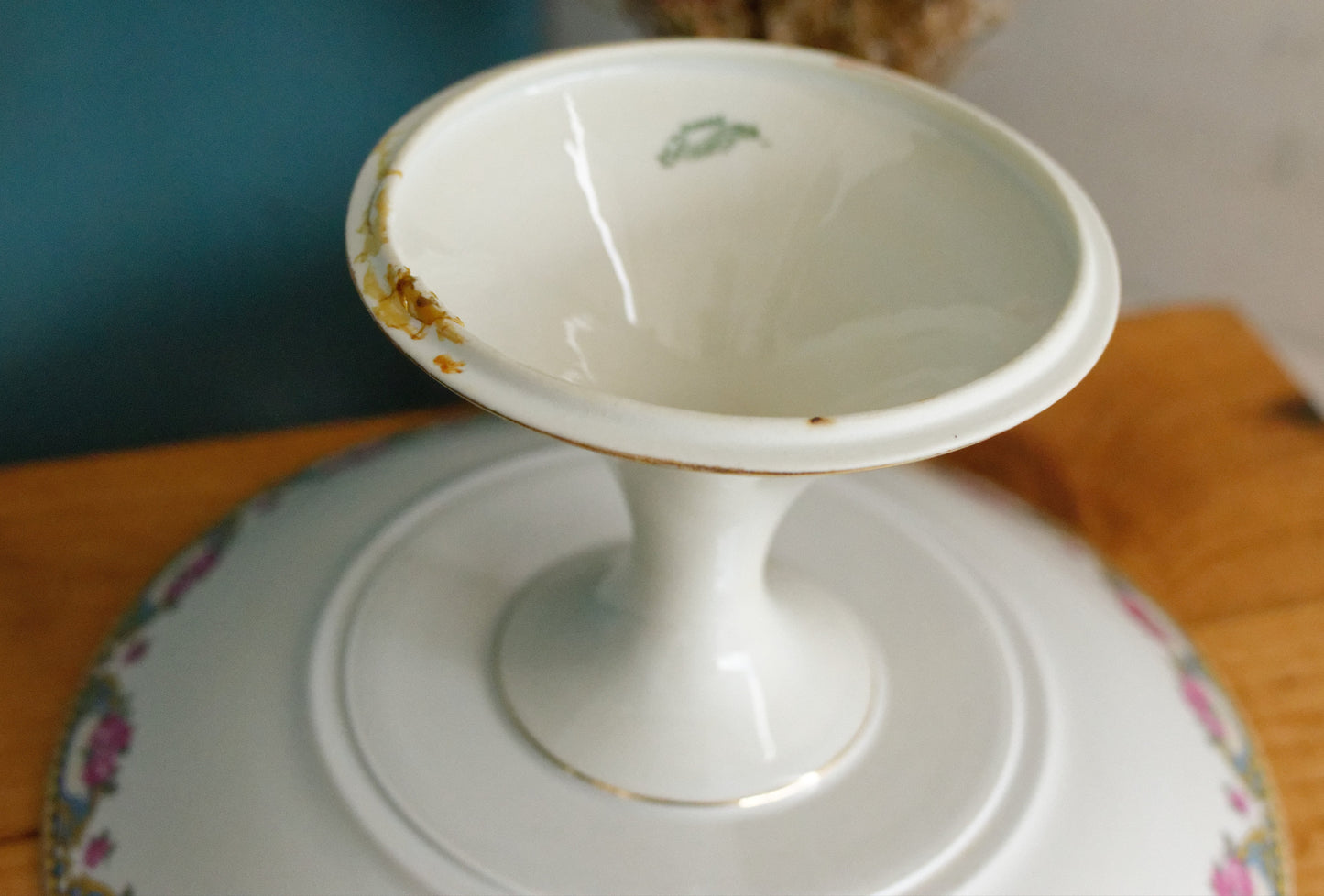 LIMOGES France French Antique Fine Porcelain Footed Cake Fruit Bowl Plate Compotier Rose Gold Garland Gilding