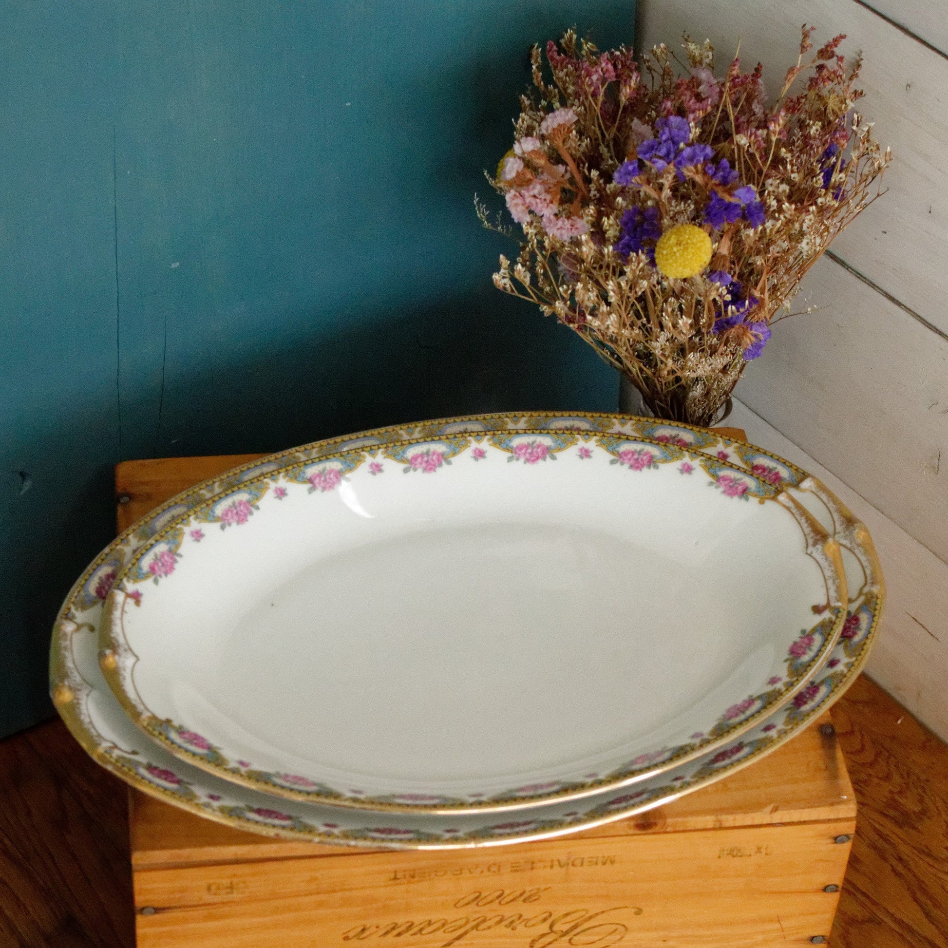 LIMOGES France French Antique Fine Porcelain Oval Serving Plate Rose Gold Garland Gilding