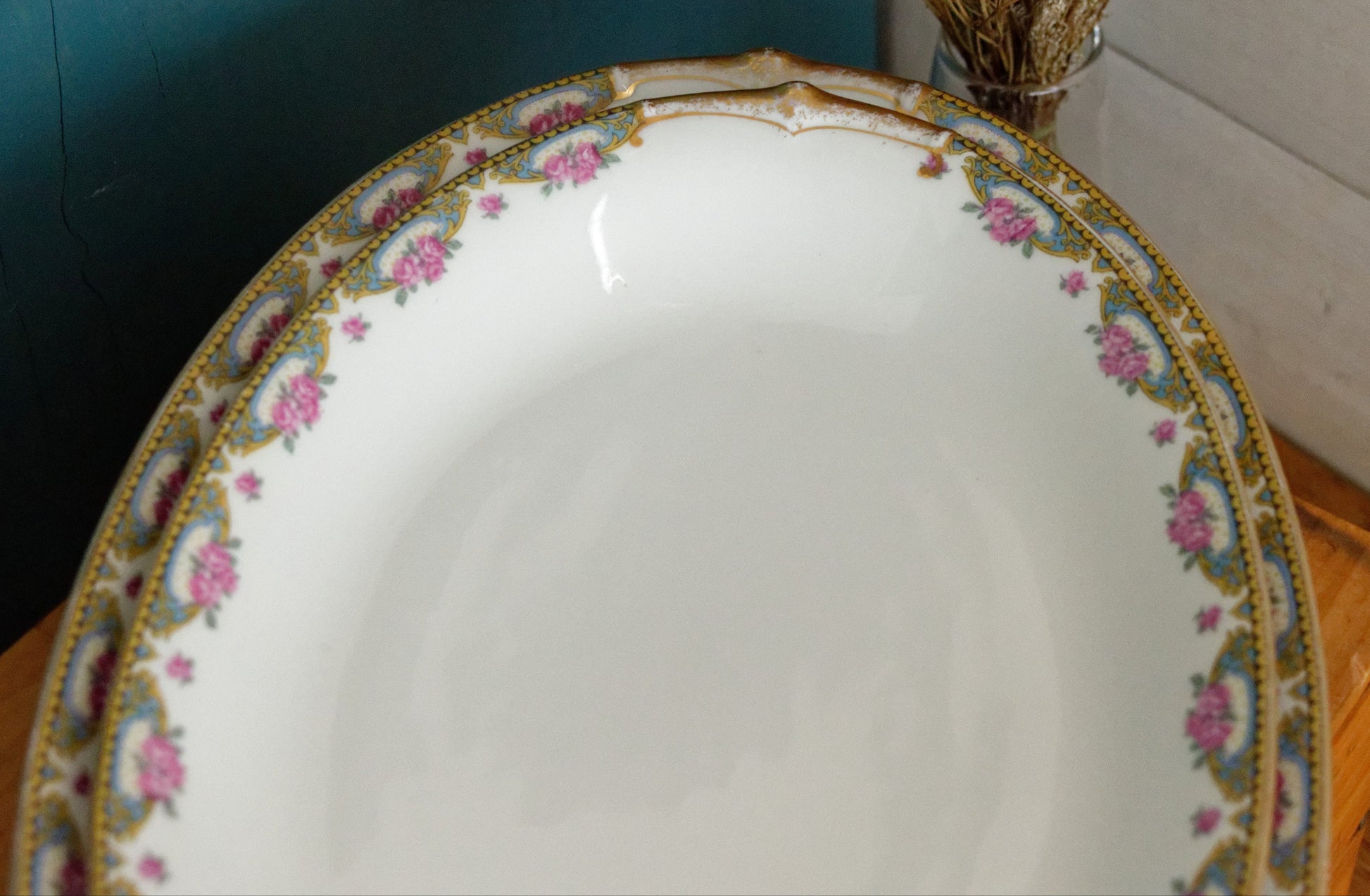 LIMOGES France French Antique Fine Porcelain Oval Serving Plate Rose Gold Garland Gilding