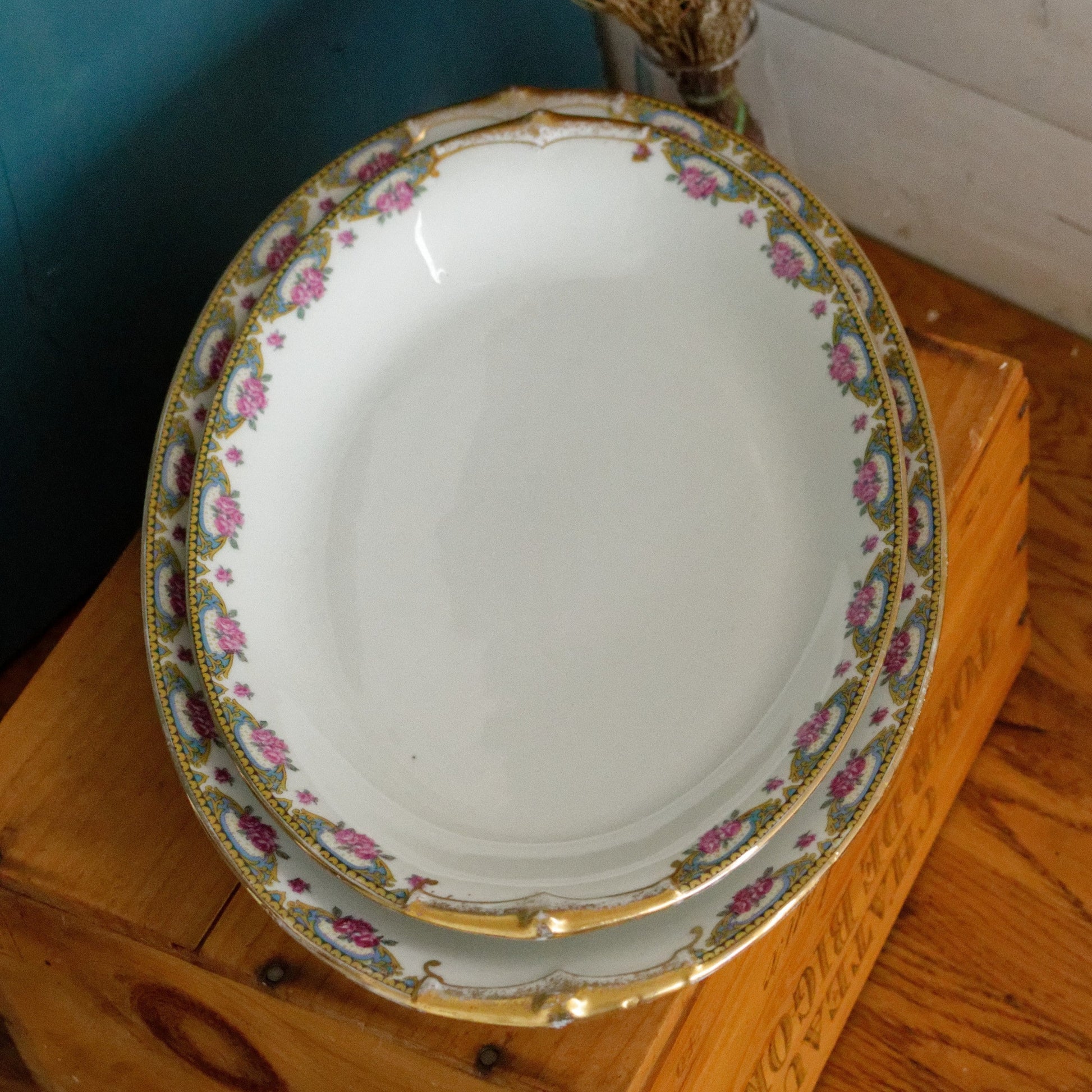 LIMOGES France French Antique Fine Porcelain Oval Serving Plate Rose Gold Garland Gilding