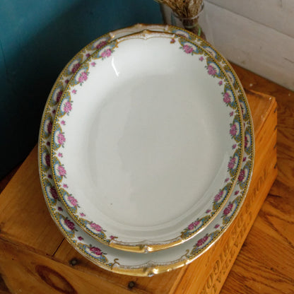 LIMOGES France French Antique Fine Porcelain Oval Serving Plate Rose Gold Garland Gilding