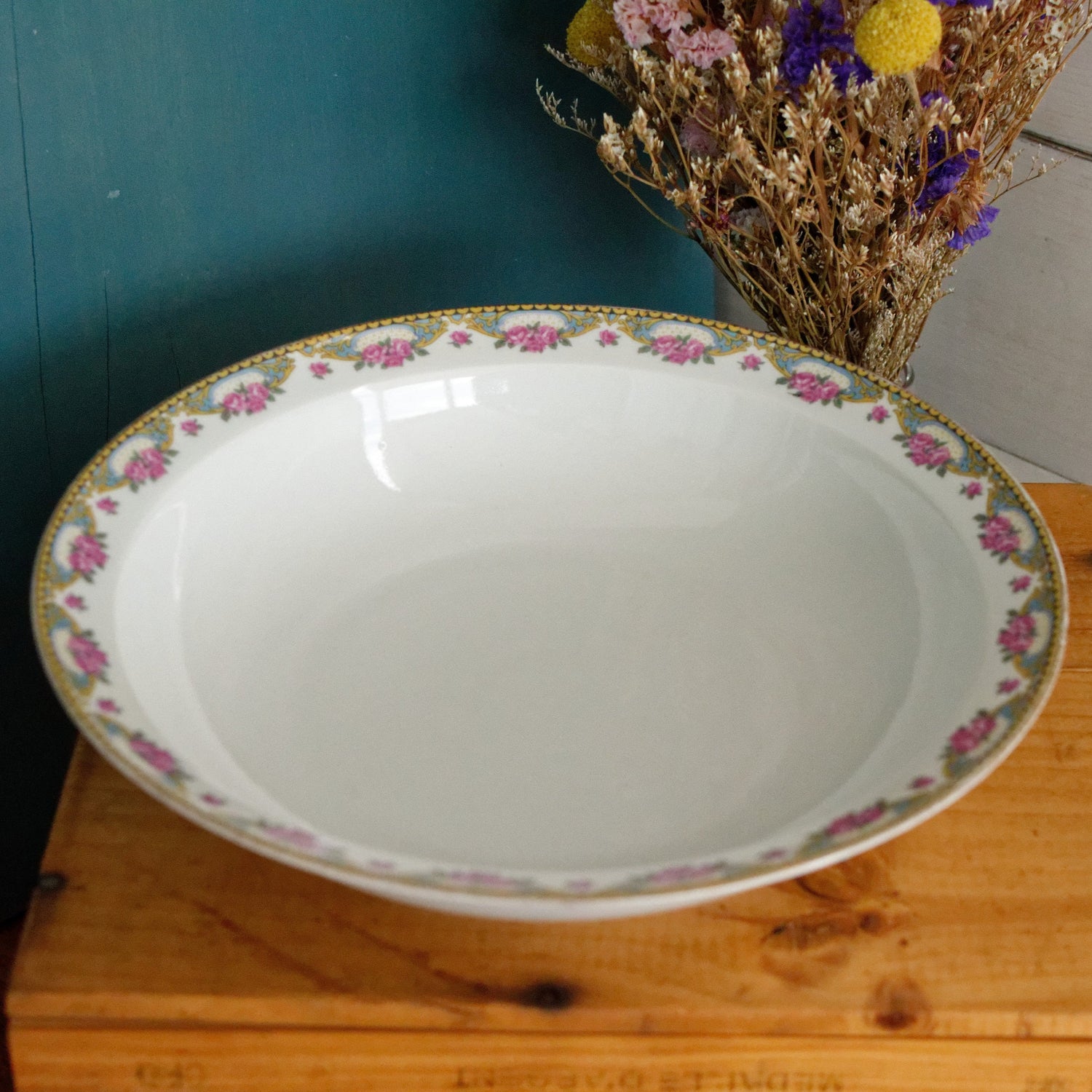 LIMOGES France French Antique Fine Porcelain Serving Bowl Bol Creux Rose Gold Garland Gilding