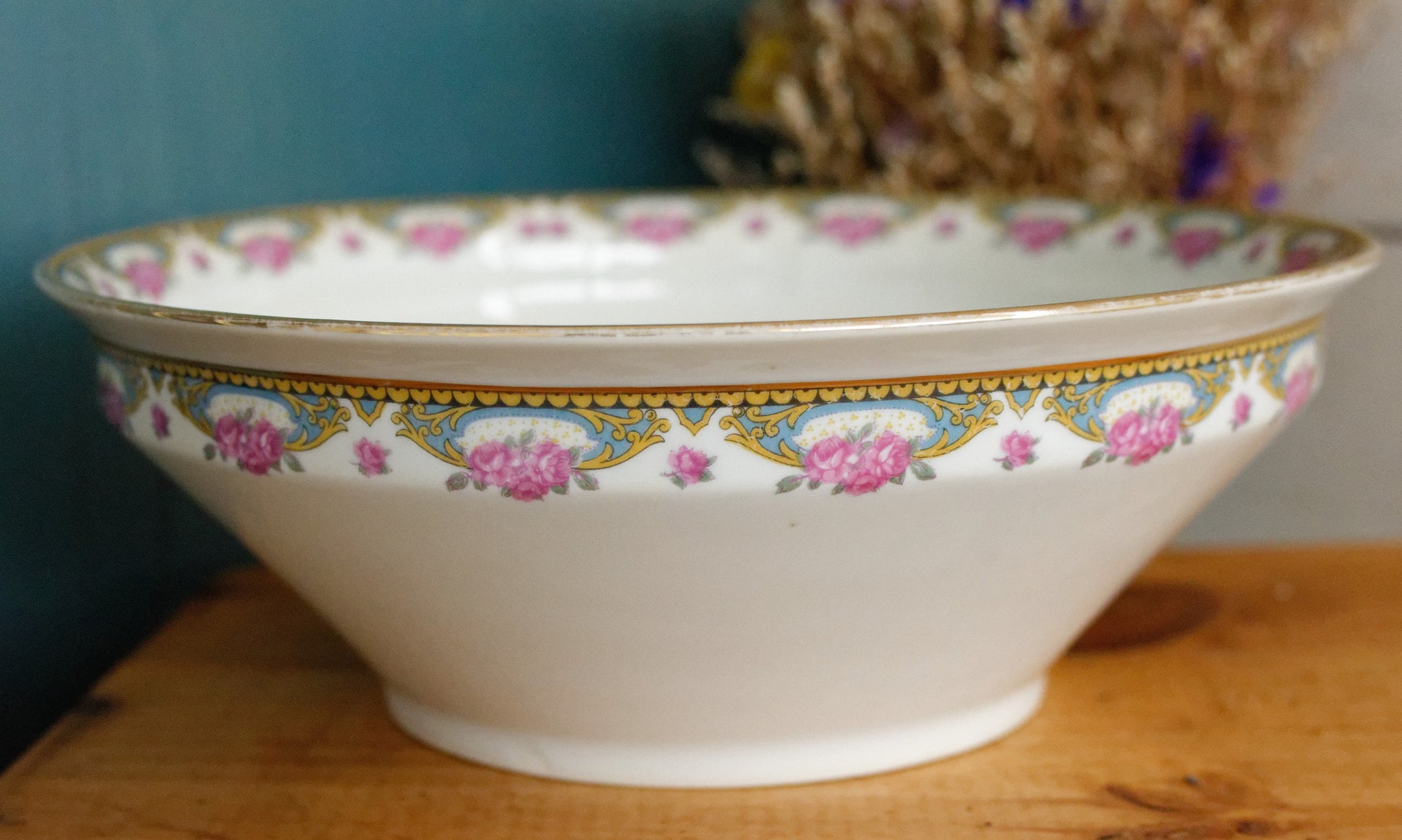 LIMOGES France French Antique Fine Porcelain Serving Bowl Bol Creux Rose Gold Garland Gilding