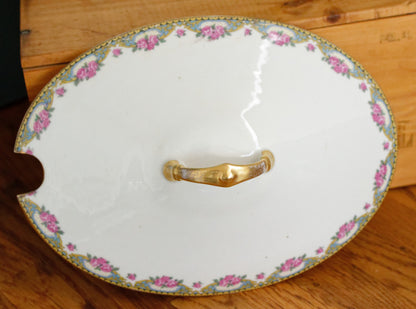 LIMOGES France French Antique Fine Porcelain Soup Tureen Soupiere Rose Gold Garland Gilding