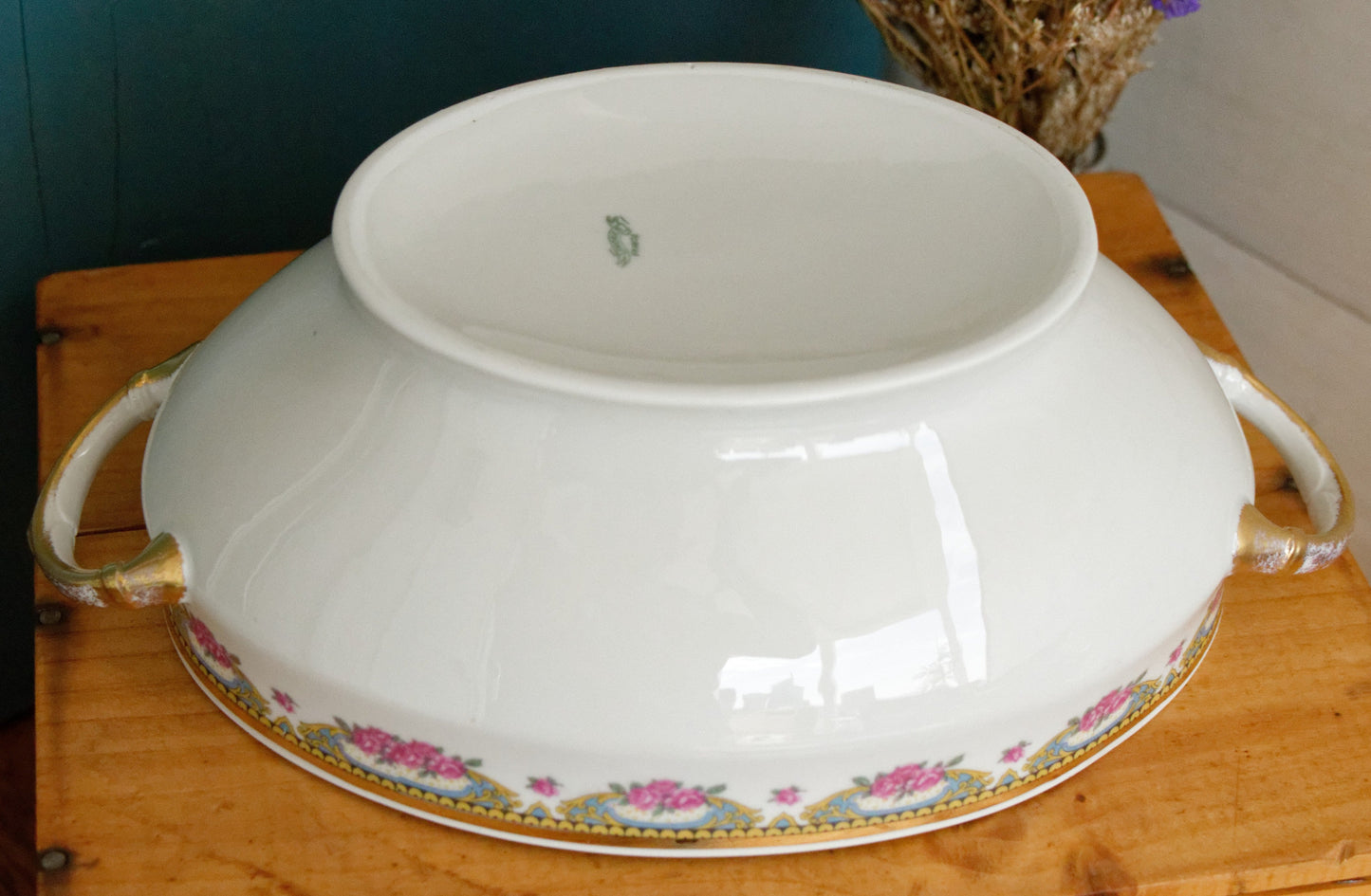LIMOGES France French Antique Fine Porcelain Soup Tureen Soupiere Rose Gold Garland Gilding