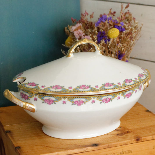 LIMOGES France French Antique Fine Porcelain Soup Tureen Soupiere Rose Gold Garland Gilding