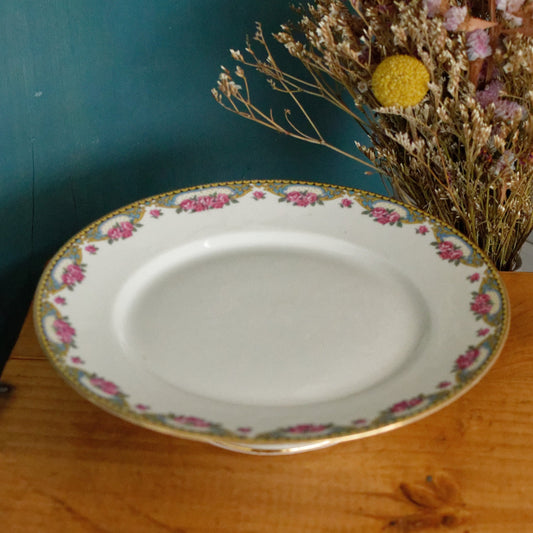 LIMOGES France French Antique Fine Porcelain Footed Cake Plate Plat à gâteau sur pied Rose Gold Garland Gilding