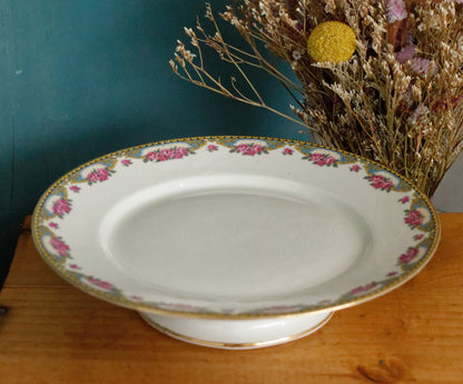 LIMOGES France French Antique Fine Porcelain Footed Cake Plate Plat à gâteau sur pied Rose Gold Garland Gilding