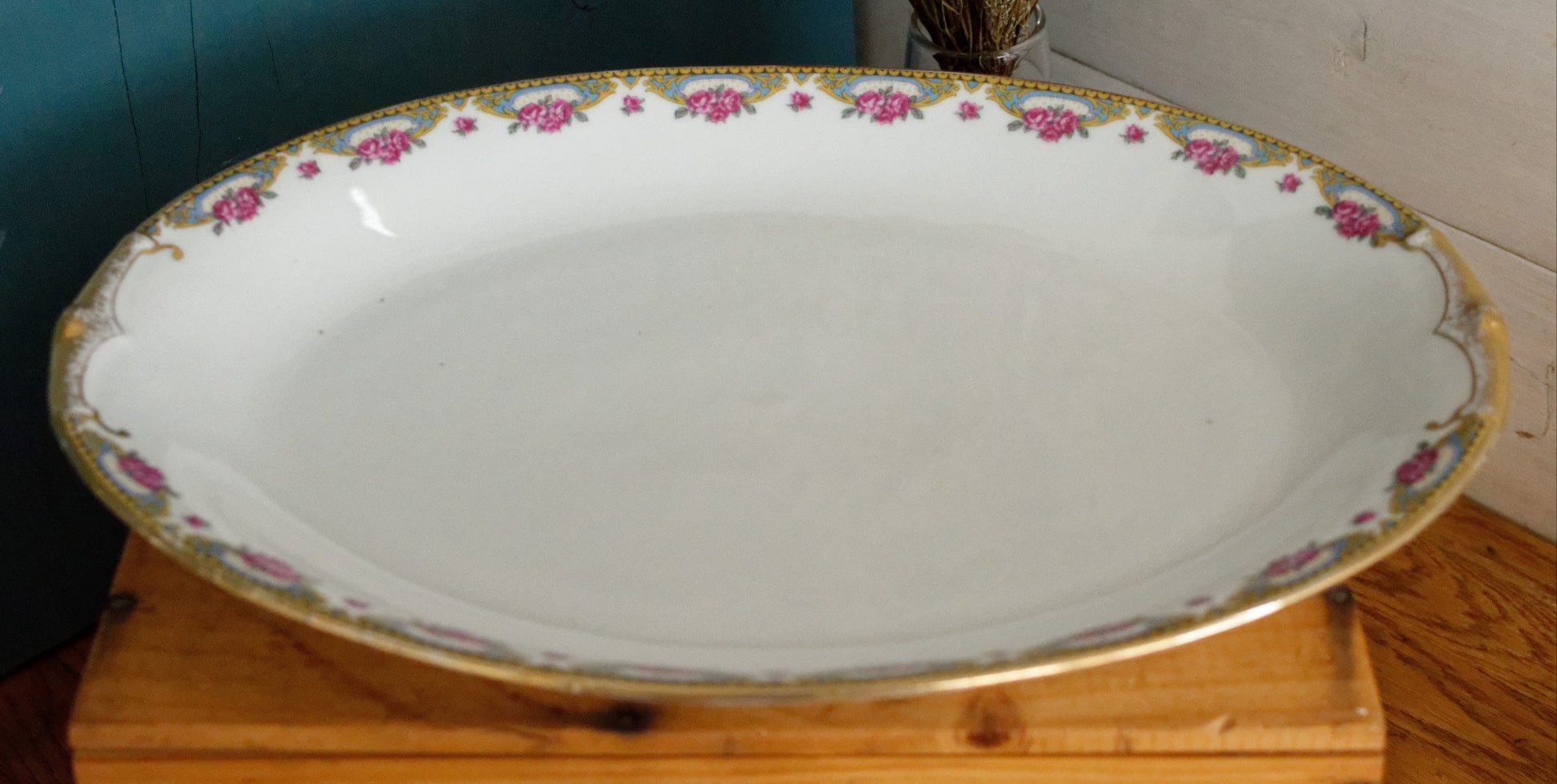 LIMOGES France French Antique Fine Porcelain Oval Serving Plate Rose Gold Garland Gilding