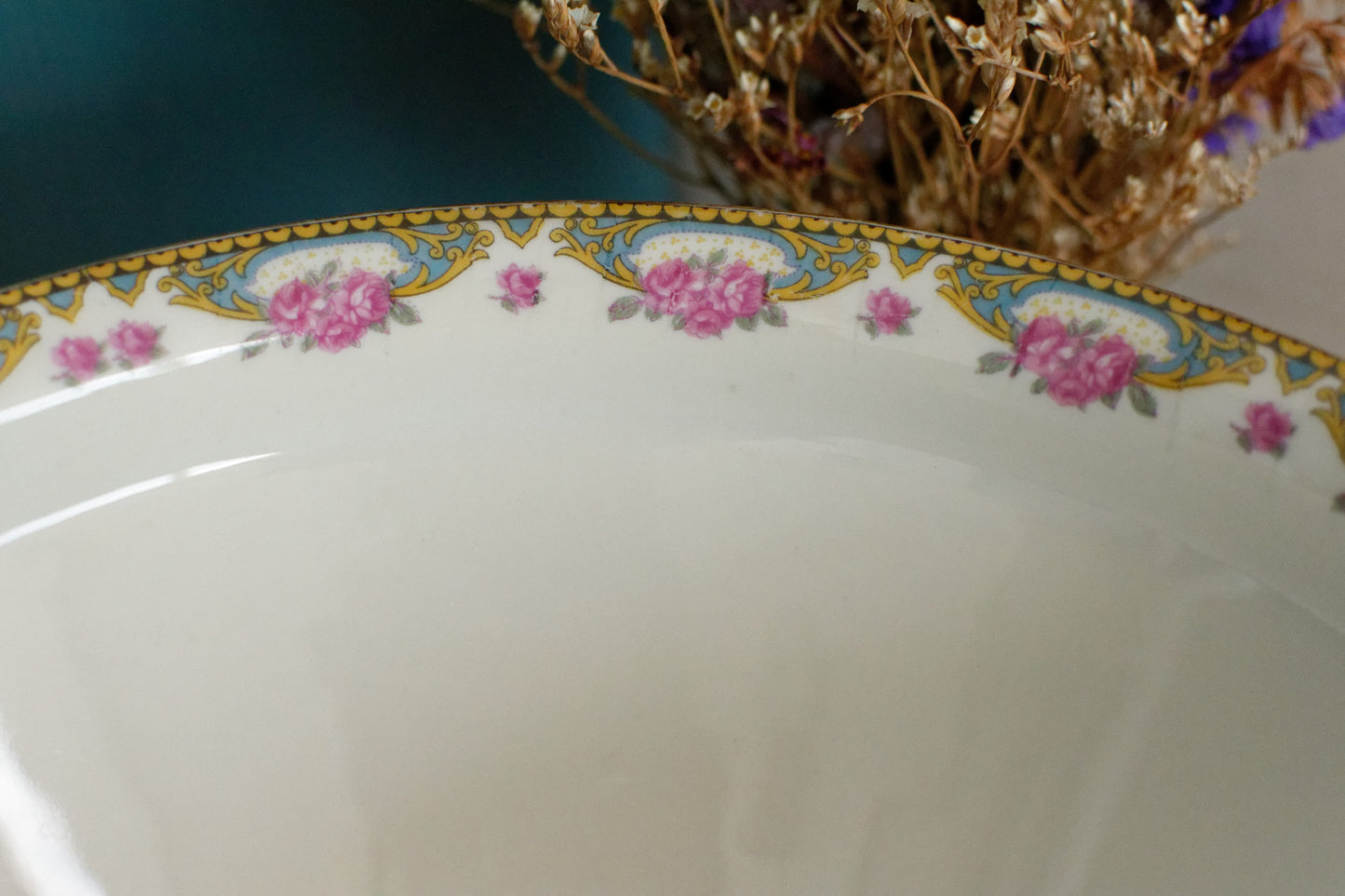 LIMOGES France French Antique Fine Porcelain Serving Bowl Bol Creux Rose Gold Garland Gilding