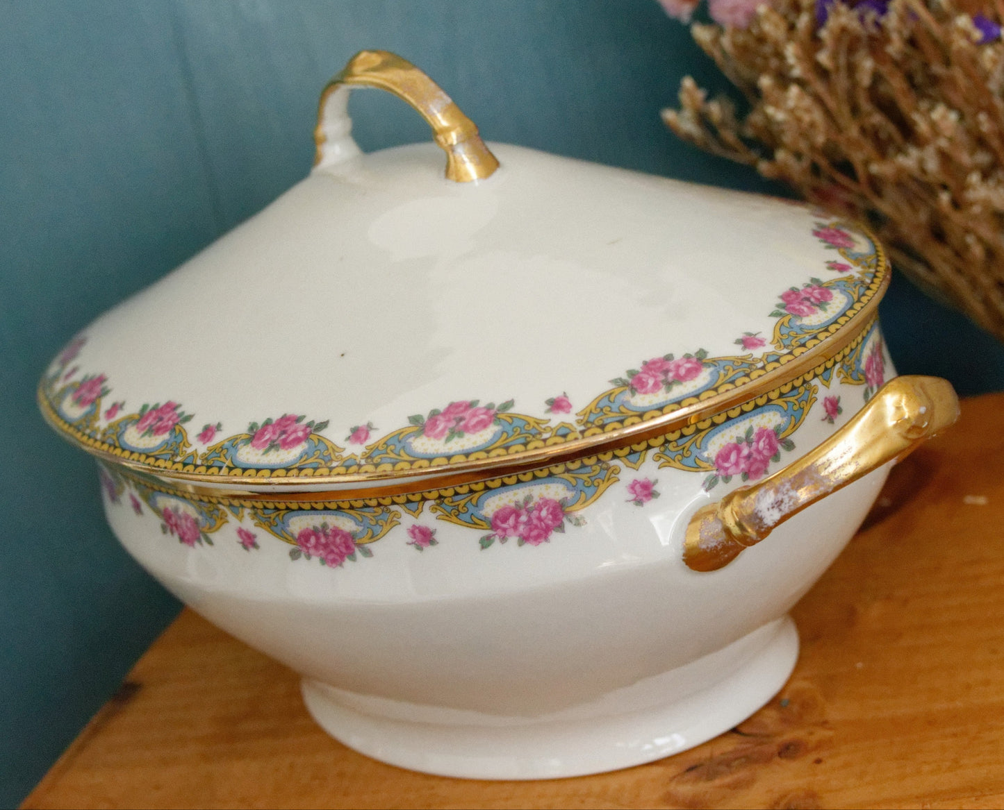 LIMOGES France French Antique Fine Porcelain Soup Tureen Soupiere Rose Gold Garland Gilding