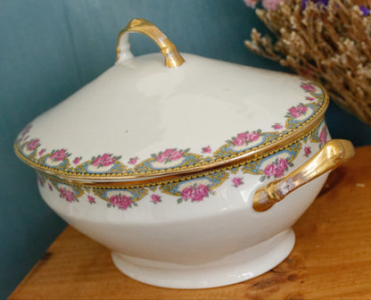 LIMOGES France French Antique Fine Porcelain Soup Tureen Soupiere Rose Gold Garland Gilding