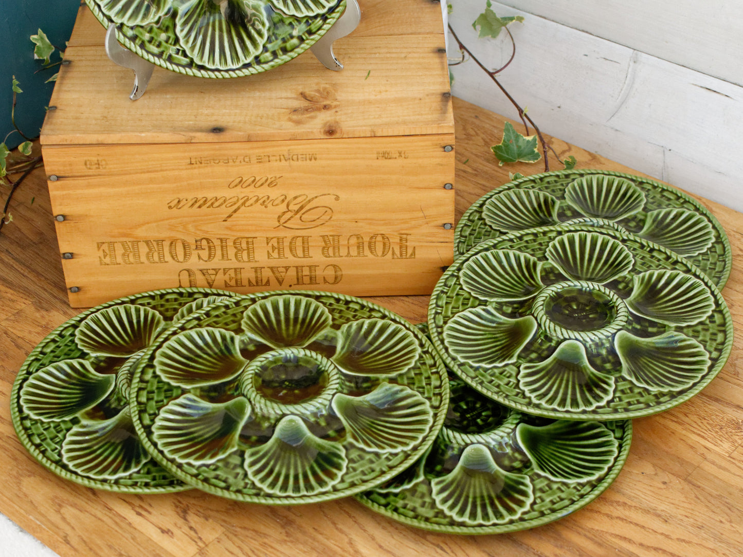 French Vintage BARBOTINE Green Oyster Shellfish Huître Plate with 6 Wells LONGCHAMP Made in France
