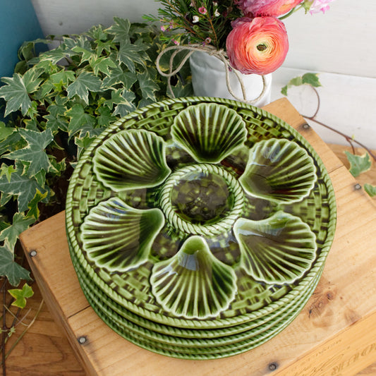 French Vintage BARBOTINE Green Oyster Shellfish Huître Plate with 6 Wells LONGCHAMP Made in France