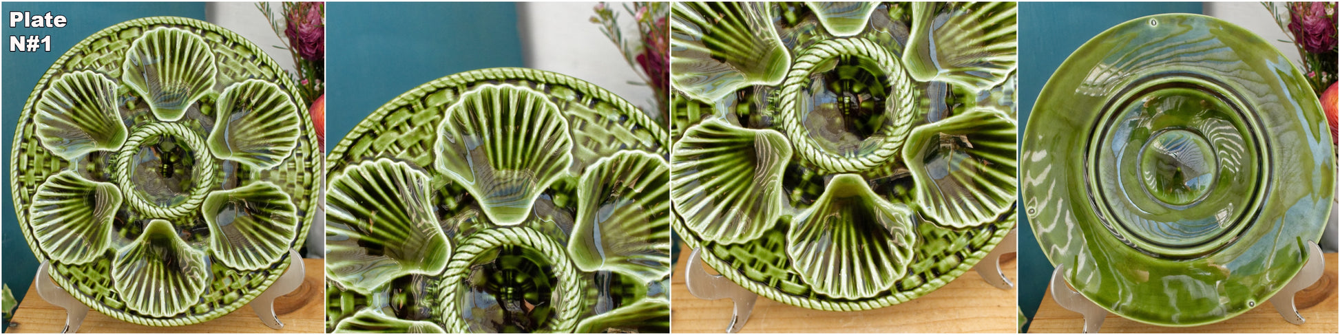 French Vintage BARBOTINE Green Oyster Shellfish Huître Plate with 6 Wells LONGCHAMP Made in France