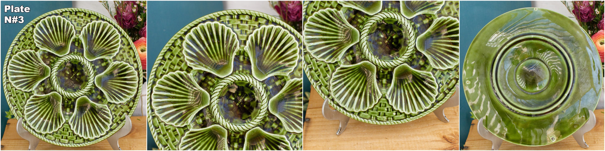 French Vintage BARBOTINE Green Oyster Shellfish Huître Plate with 6 Wells LONGCHAMP Made in France