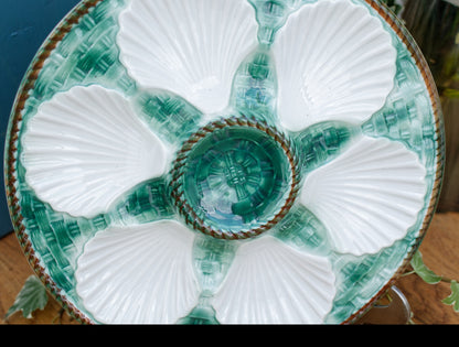 LONGCHAMP French Vintage BARBOTINE Majolica Green & White Oyster "Huître" Shellfish Plate with 6 Wells Basket Weave Pattern Made in France