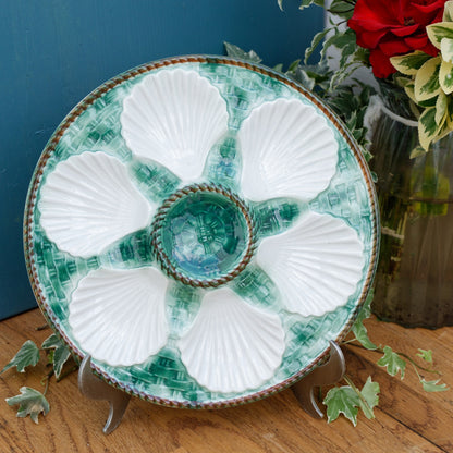 LONGCHAMP French Vintage BARBOTINE Majolica Green & White Oyster "Huître" Shellfish Plate with 6 Wells Basket Weave Pattern Made in France