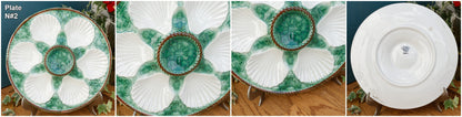 LONGCHAMP French Vintage BARBOTINE Majolica Green & White Oyster "Huître" Shellfish Plate with 6 Wells Basket Weave Pattern Made in France