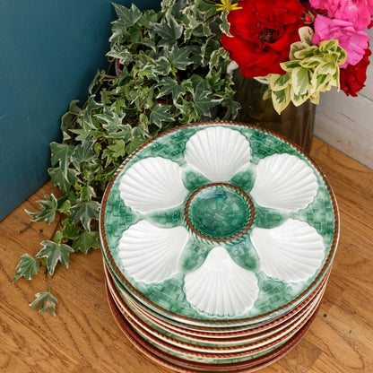 LONGCHAMP French Vintage BARBOTINE Majolica Green & White Oyster "Huître" Shellfish Plate with 6 Wells Basket Weave Pattern Made in France