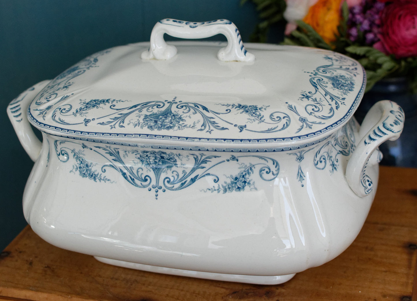 LOUIS XVI Boch Freres Keramis (BFK) Belgian Antique Ironstone Blue Transferware Rectangle Soup Tureen Terre de Fer en Faience