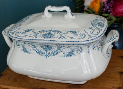 LOUIS XVI Boch Freres Keramis (BFK) Belgian Antique Ironstone Blue Transferware Rectangle Soup Tureen Terre de Fer en Faience
