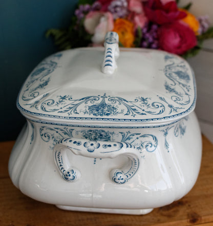 LOUIS XVI Boch Freres Keramis (BFK) Belgian Antique Ironstone Blue Transferware Rectangle Soup Tureen Terre de Fer en Faience