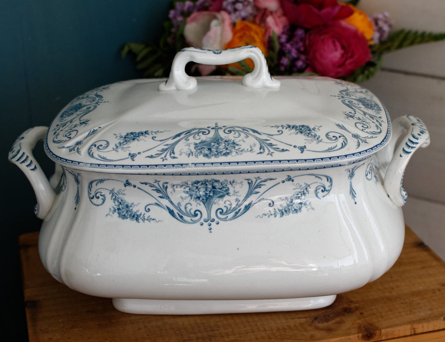 LOUIS XVI Boch Freres Keramis (BFK) Belgian Antique Ironstone Blue Transferware Rectangle Soup Tureen Terre de Fer en Faience