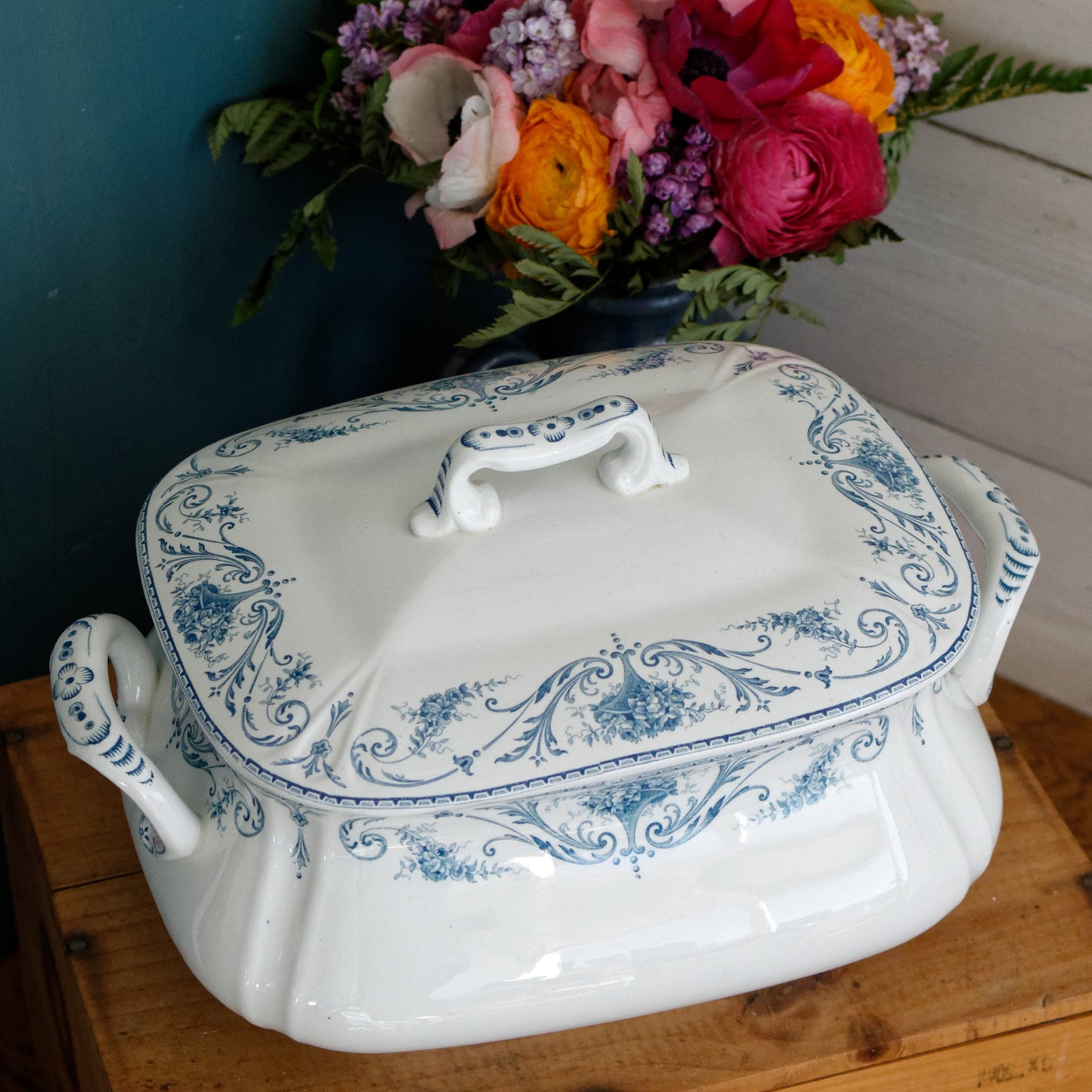 LOUIS XVI Boch Freres Keramis (BFK) Belgian Antique Ironstone Blue Transferware Rectangle Soup Tureen Terre de Fer en Faience