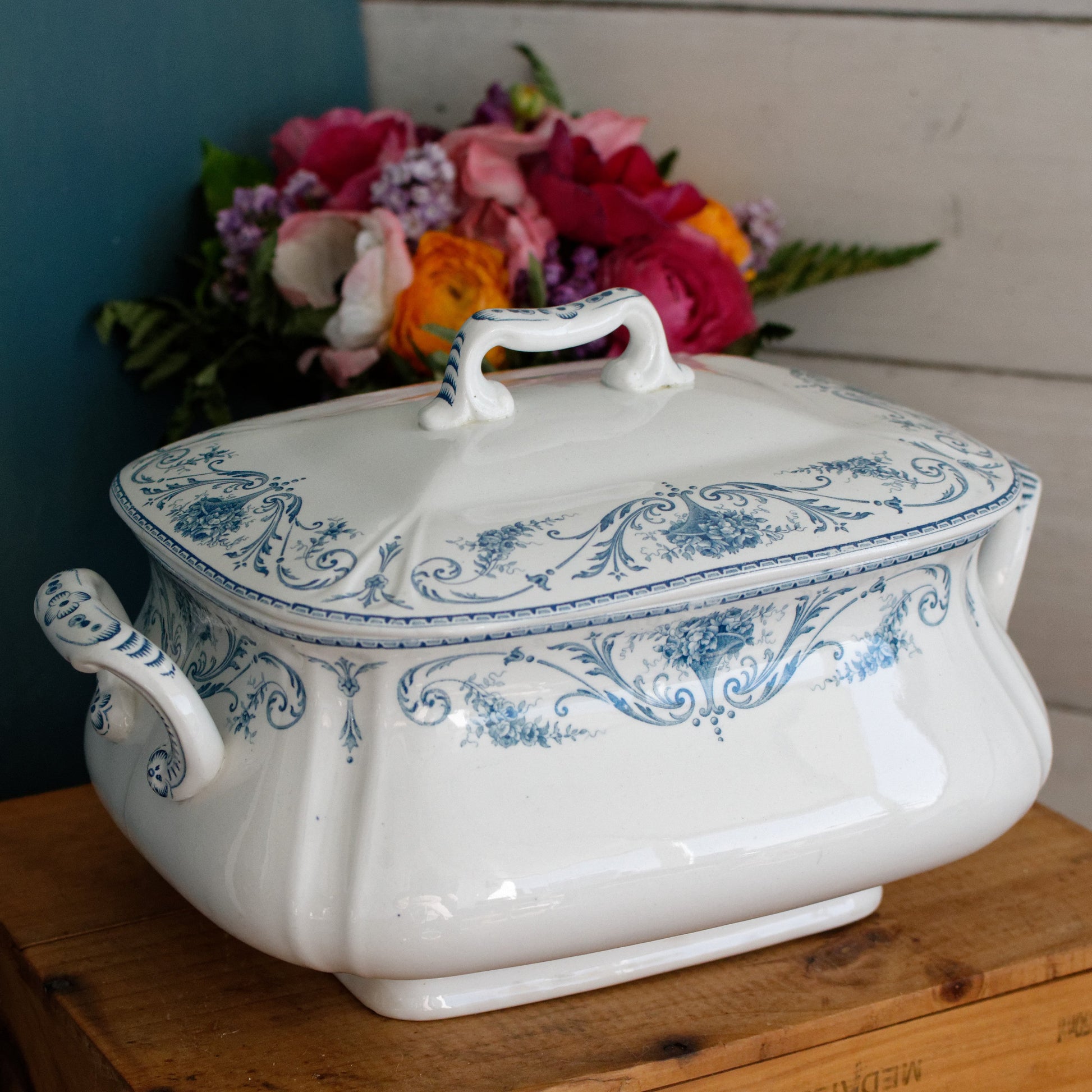 LOUIS XVI Boch Freres Keramis (BFK) Belgian Antique Ironstone Blue Transferware Rectangle Soup Tureen Terre de Fer en Faience