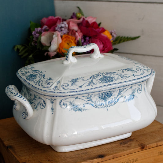 LOUIS XVI Boch Freres Keramis (BFK) Belgian Antique Ironstone Blue Transferware Rectangle Soup Tureen Terre de Fer en Faience