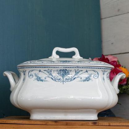 LOUIS XVI Boch Freres Keramis (BFK) Belgian Antique Ironstone Blue Transferware Rectangle Soup Tureen Terre de Fer en Faience