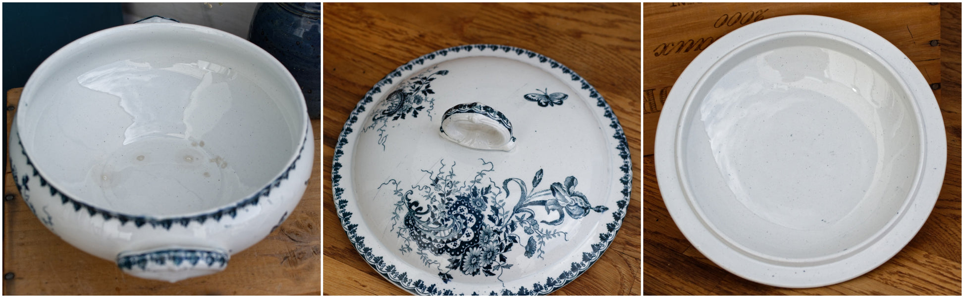 1900s LOUIS XV Ste Amandinoise French Antique Ironstone Blue Transferware Soup Tureen Soupiere Terre de fer Faience