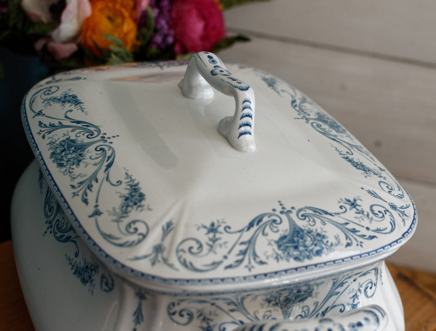 LOUIS XVI Boch Freres Keramis (BFK) Belgian Antique Ironstone Blue Transferware Rectangle Soup Tureen Terre de Fer en Faience