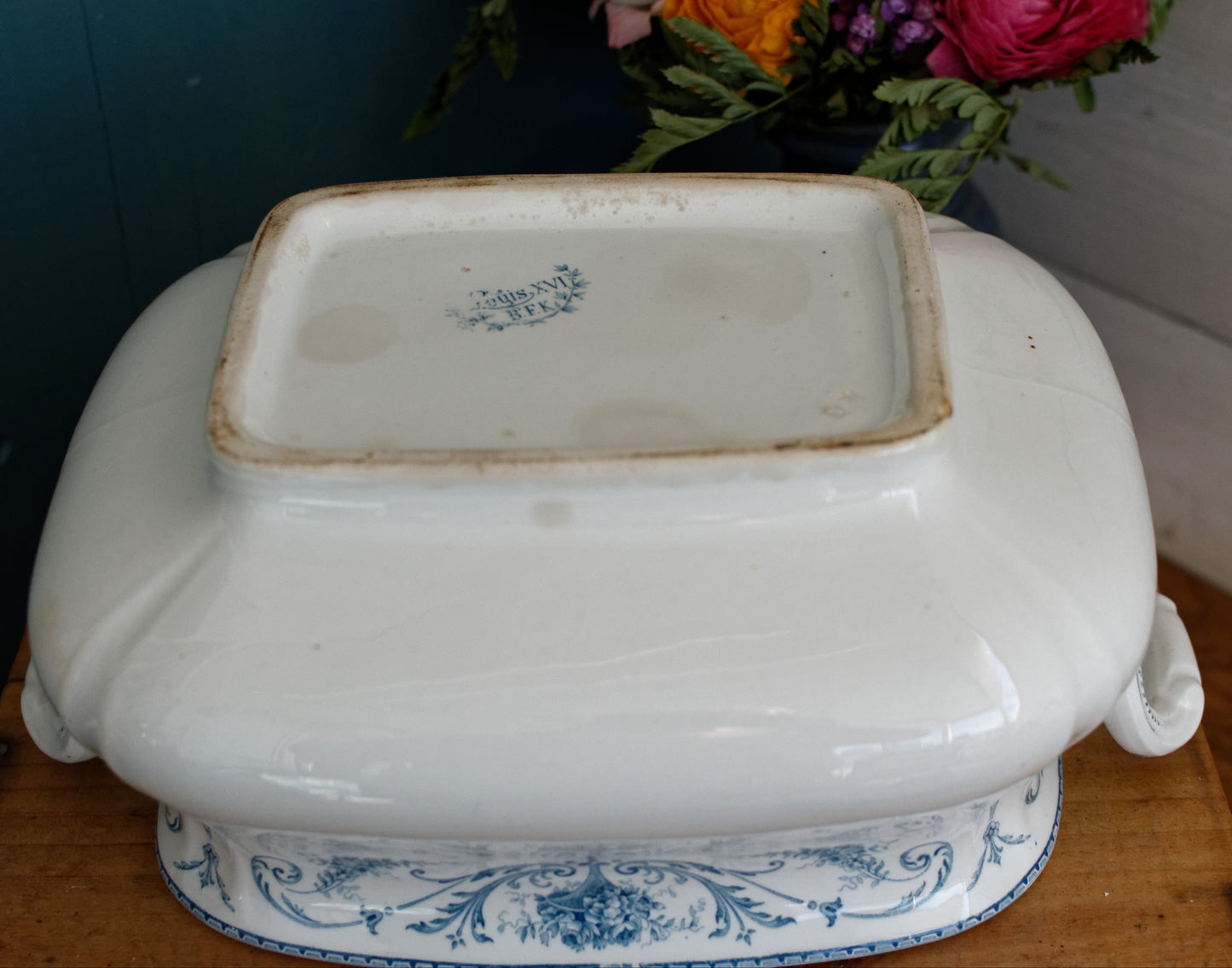 LOUIS XVI Boch Freres Keramis (BFK) Belgian Antique Ironstone Blue Transferware Rectangle Soup Tureen Terre de Fer en Faience
