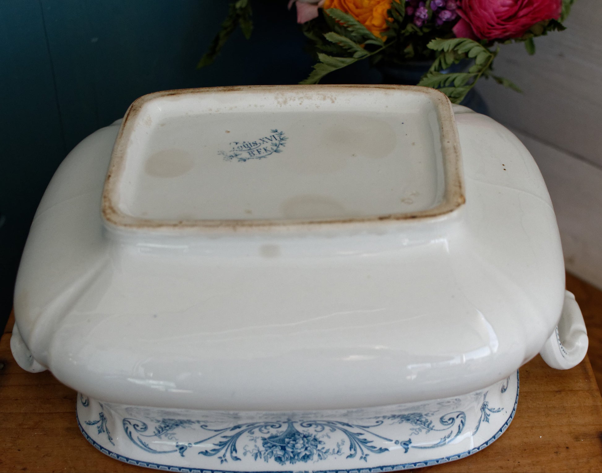 LOUIS XVI Boch Freres Keramis (BFK) Belgian Antique Ironstone Blue Transferware Rectangle Soup Tureen Terre de Fer en Faience