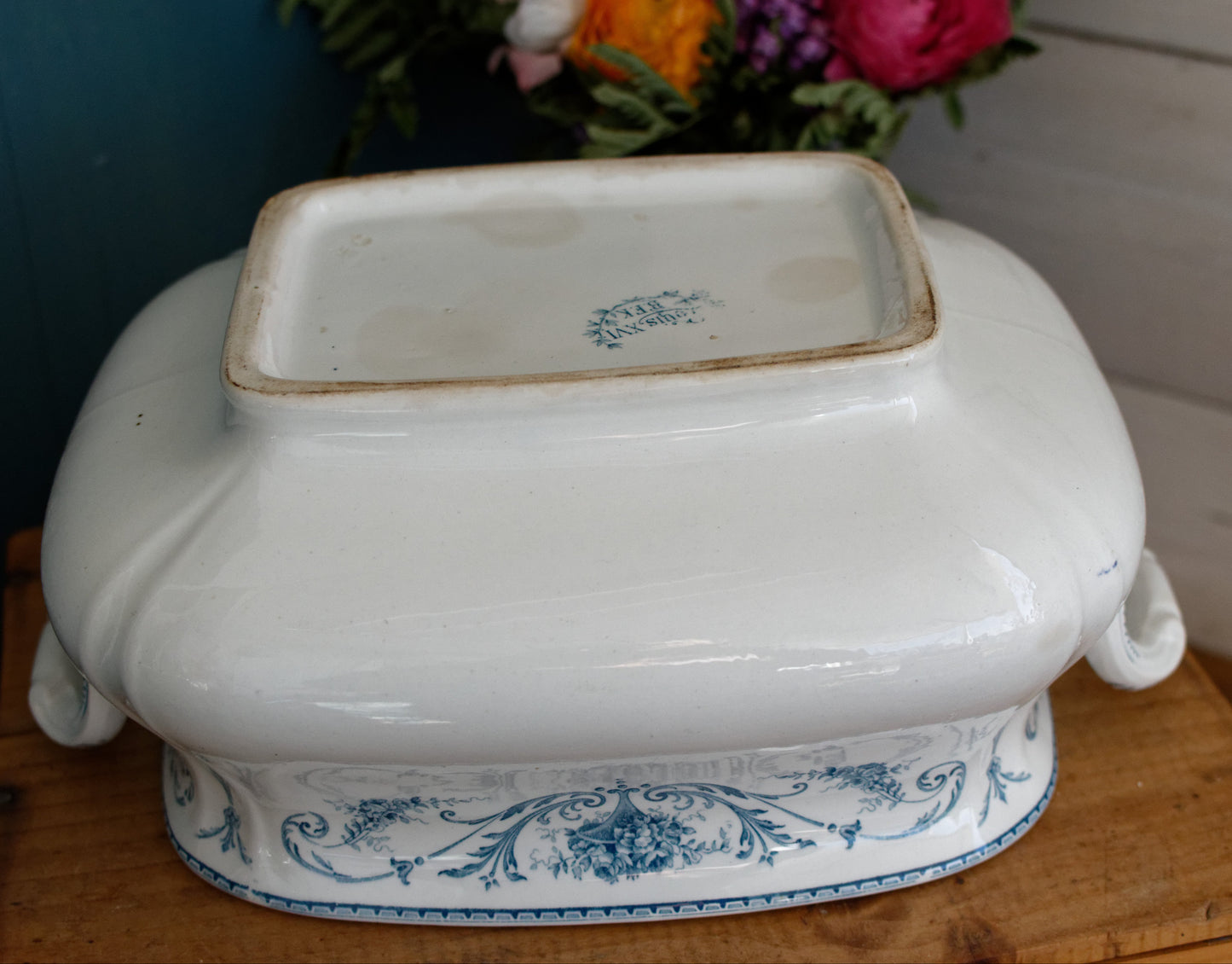 LOUIS XVI Boch Freres Keramis (BFK) Belgian Antique Ironstone Blue Transferware Rectangle Soup Tureen Terre de Fer en Faience