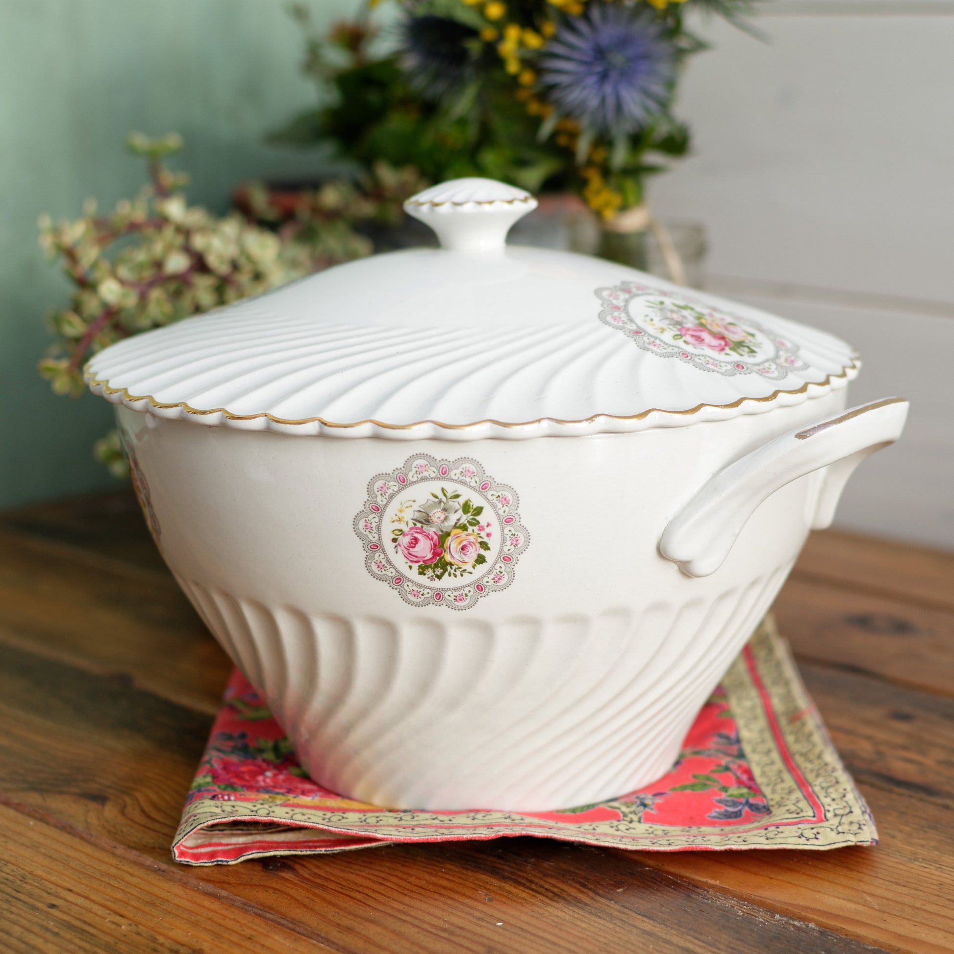 K&G (Keller et Guérin) Luneville French Antique Ironstone Floral Porcelain Floral Soup Tureen Soupiere Terre de Fer