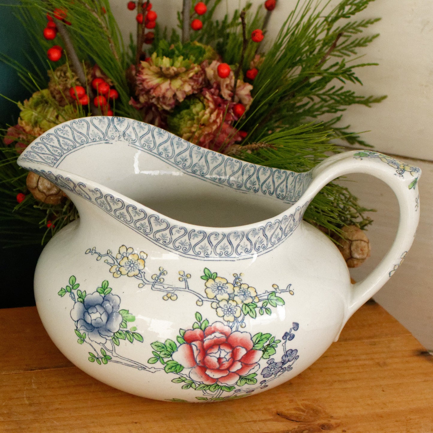 1920s ~ MALING Newcastle-on-Tyne ENGLAND ~ English Antique Ironstone Polychrome Floral Bathroom Pitcher "Broc de Toilette CRUCHE" ~ Hand Painted Fine China