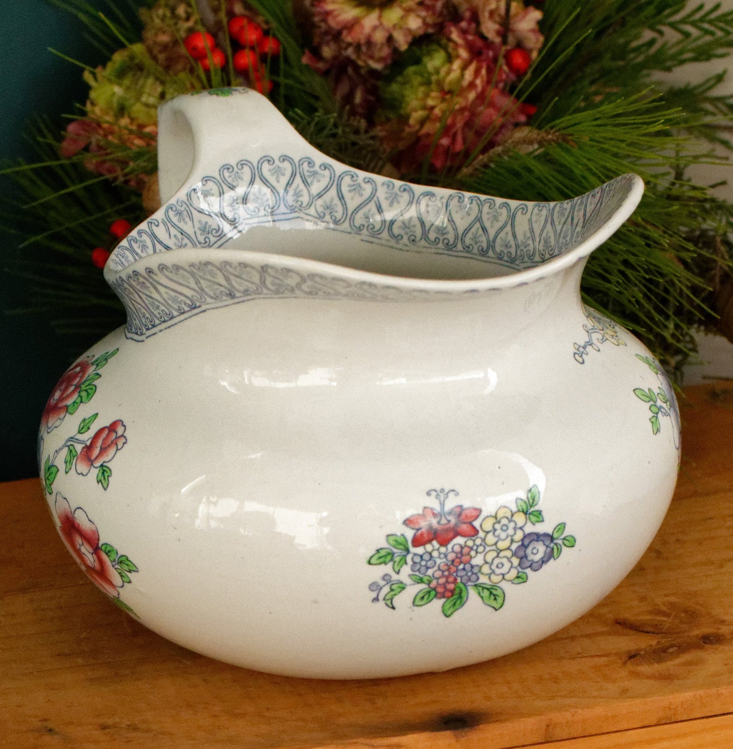 1920s ~ MALING Newcastle-on-Tyne ENGLAND ~ English Antique Ironstone Polychrome Floral Bathroom Pitcher "Broc de Toilette CRUCHE" ~ Hand Painted Fine China