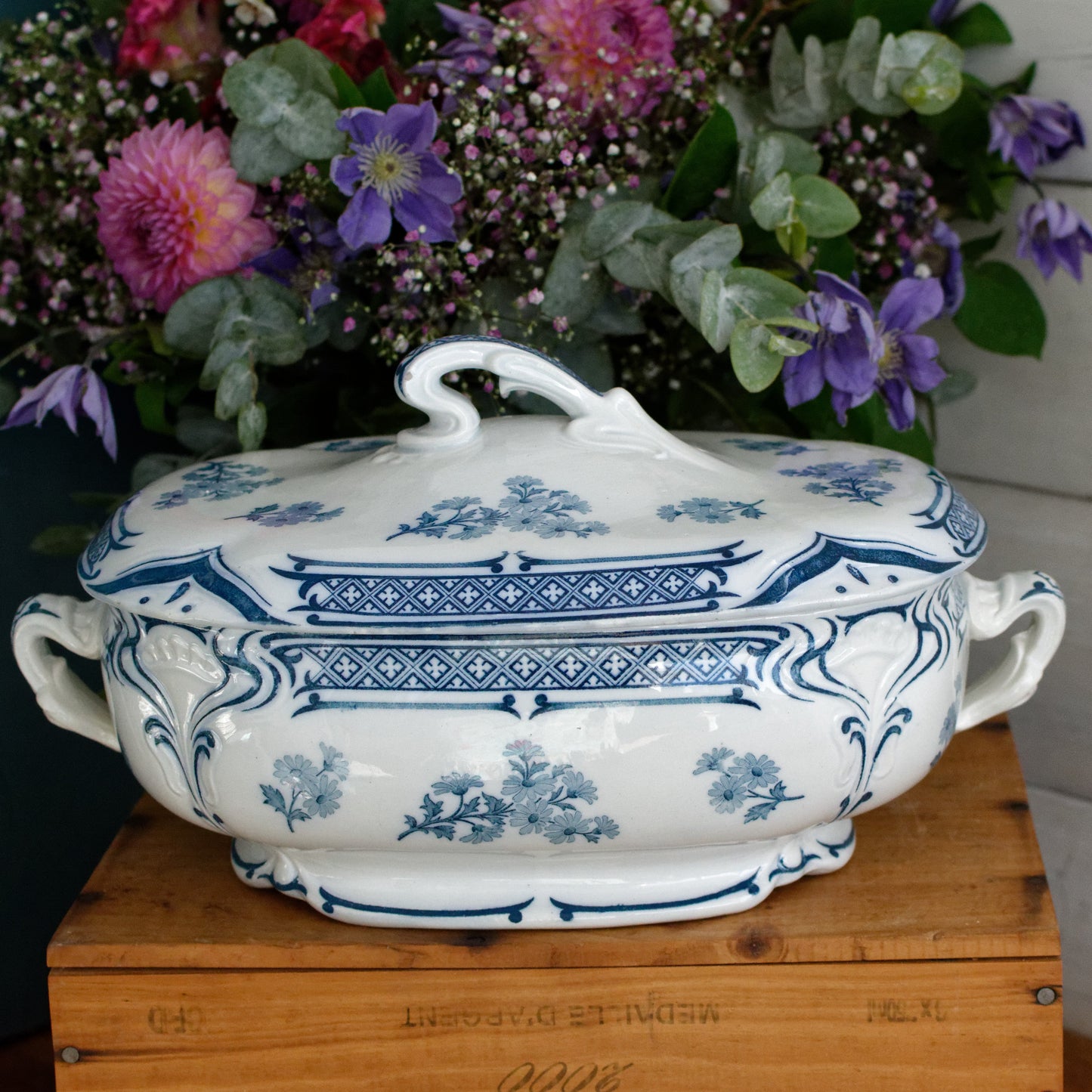 MANON Saint Amand Hamage French Antique Ironstone Blue Transferware Rectangle Soup Tureen Soupiere Terre de Fer en Faience