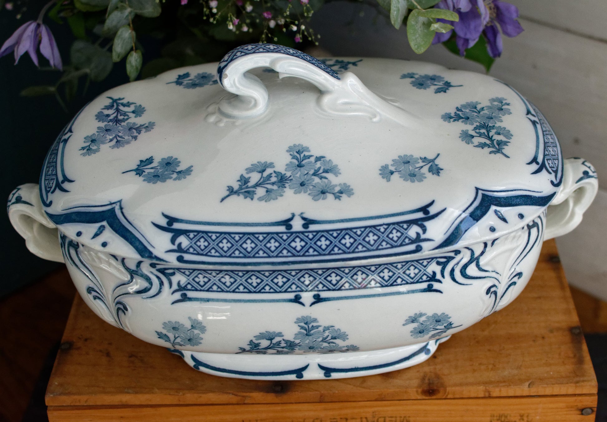 MANON Saint Amand Hamage French Antique Ironstone Blue Transferware Rectangle Soup Tureen Soupiere Terre de Fer en Faience