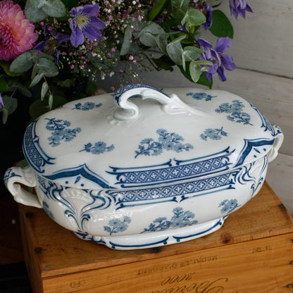 MANON Saint Amand Hamage French Antique Ironstone Blue Transferware Rectangle Soup Tureen Soupiere Terre de Fer en Faience