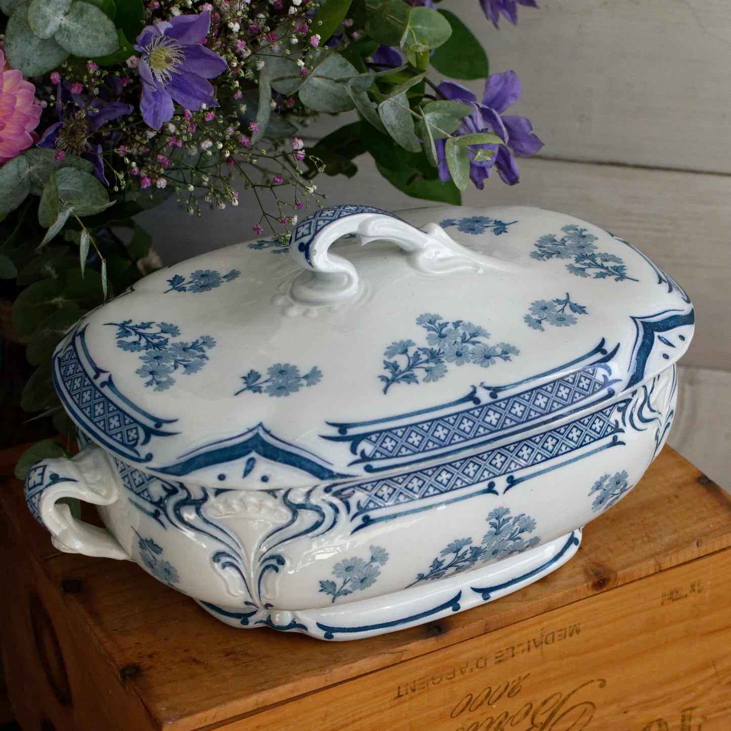 MANON Saint Amand Hamage French Antique Ironstone Blue Transferware Rectangle Soup Tureen Soupiere Terre de Fer en Faience