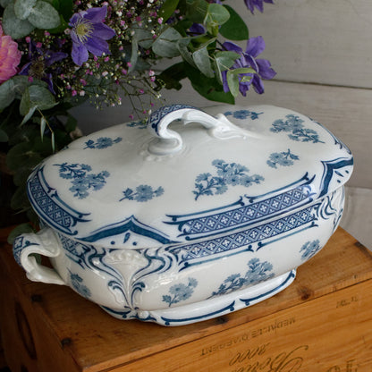 MANON Saint Amand Hamage French Antique Ironstone Blue Transferware Rectangle Soup Tureen Soupiere Terre de Fer en Faience